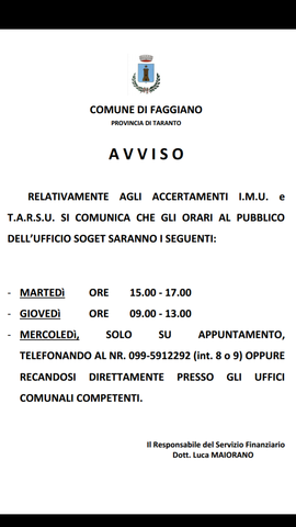 Accertamenti I.M.U. e T.A.R.S.U. -  Orari di apertura al pubblico degli Uffici