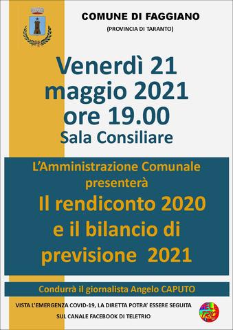 L'AMMINISTRAZIONE COMUNALE PRESENTA IL RENDICONTO 2020 E IL BILANCIO DI PREVISIONE 2021